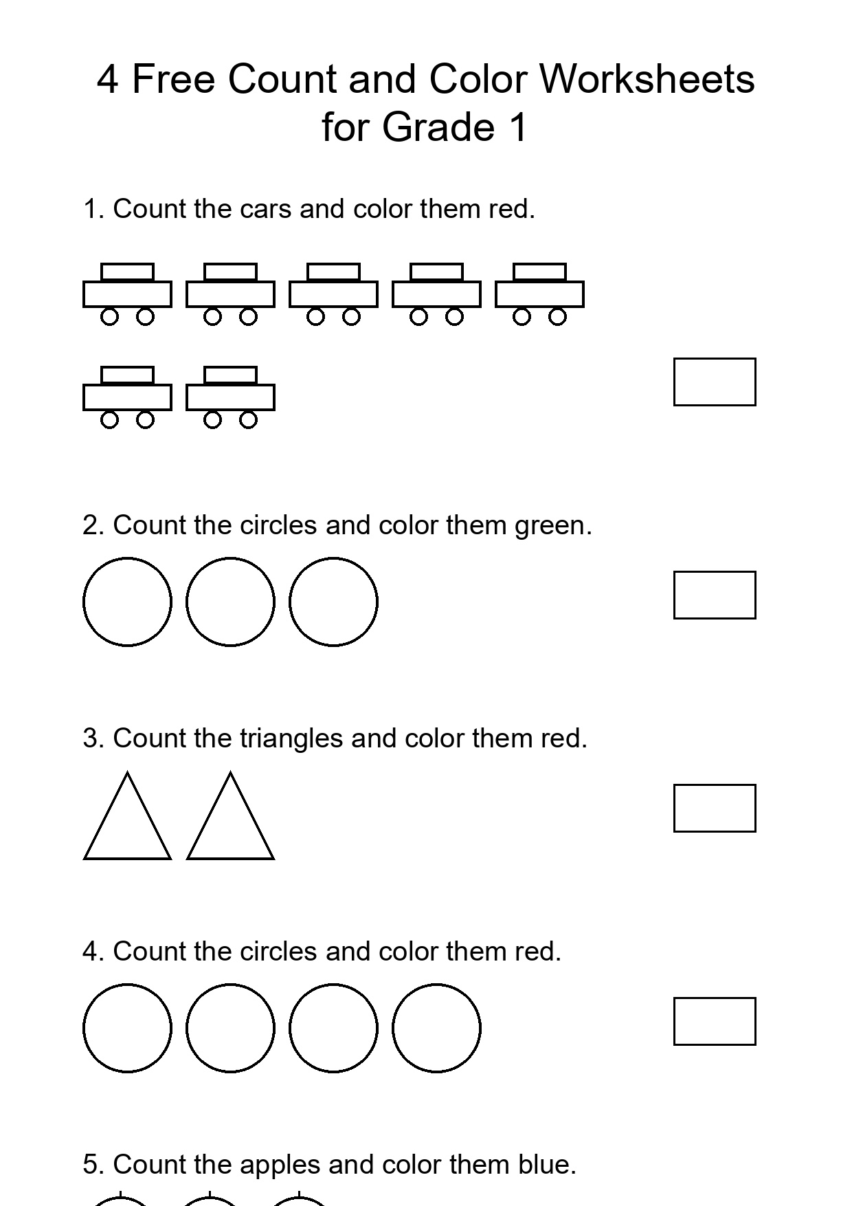 4 Free Count and Color Worksheets for Grade 1
