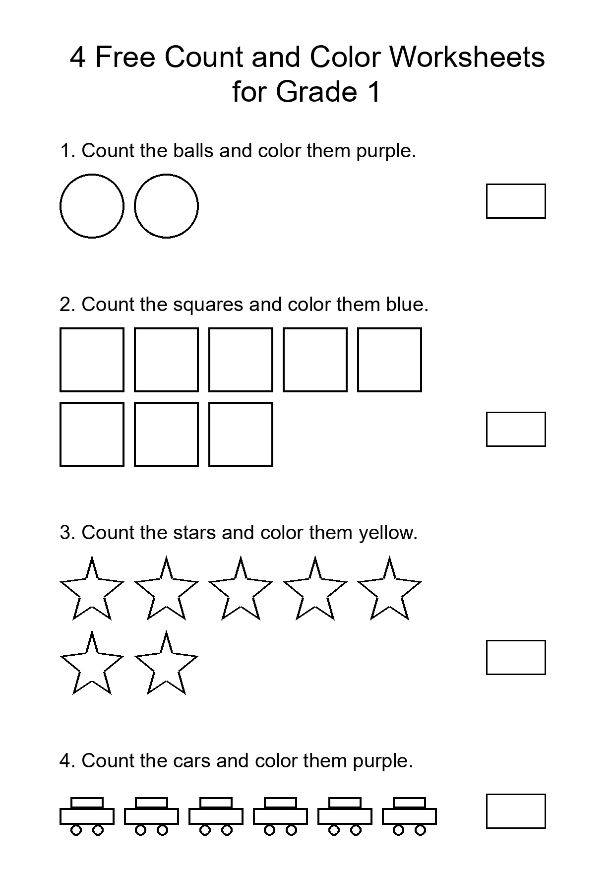 4 Free Count and Color Worksheets for Grade 1