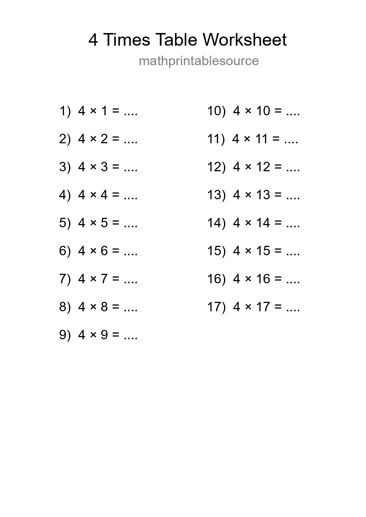 4 Times Table Worksheet For Grade 2 With Answers - Part 75