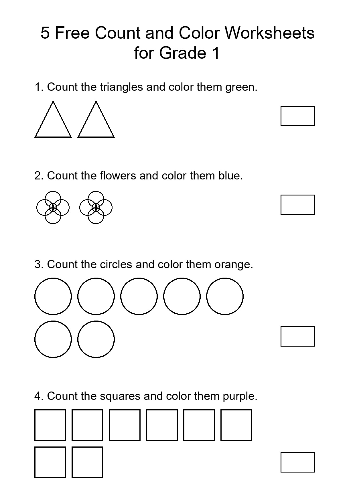 5 Free Count and Color Worksheets for Grade 1