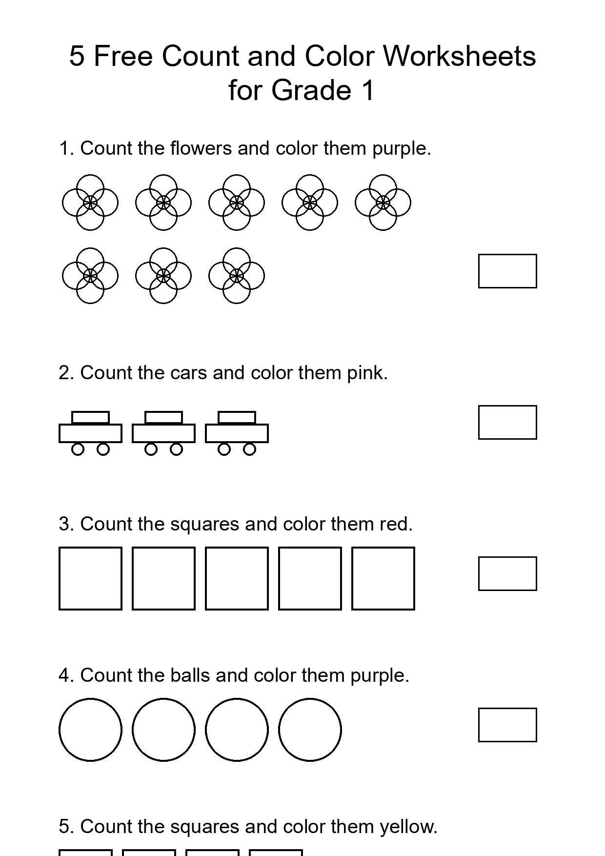 5 Free Count and Color Worksheets for Grade 1