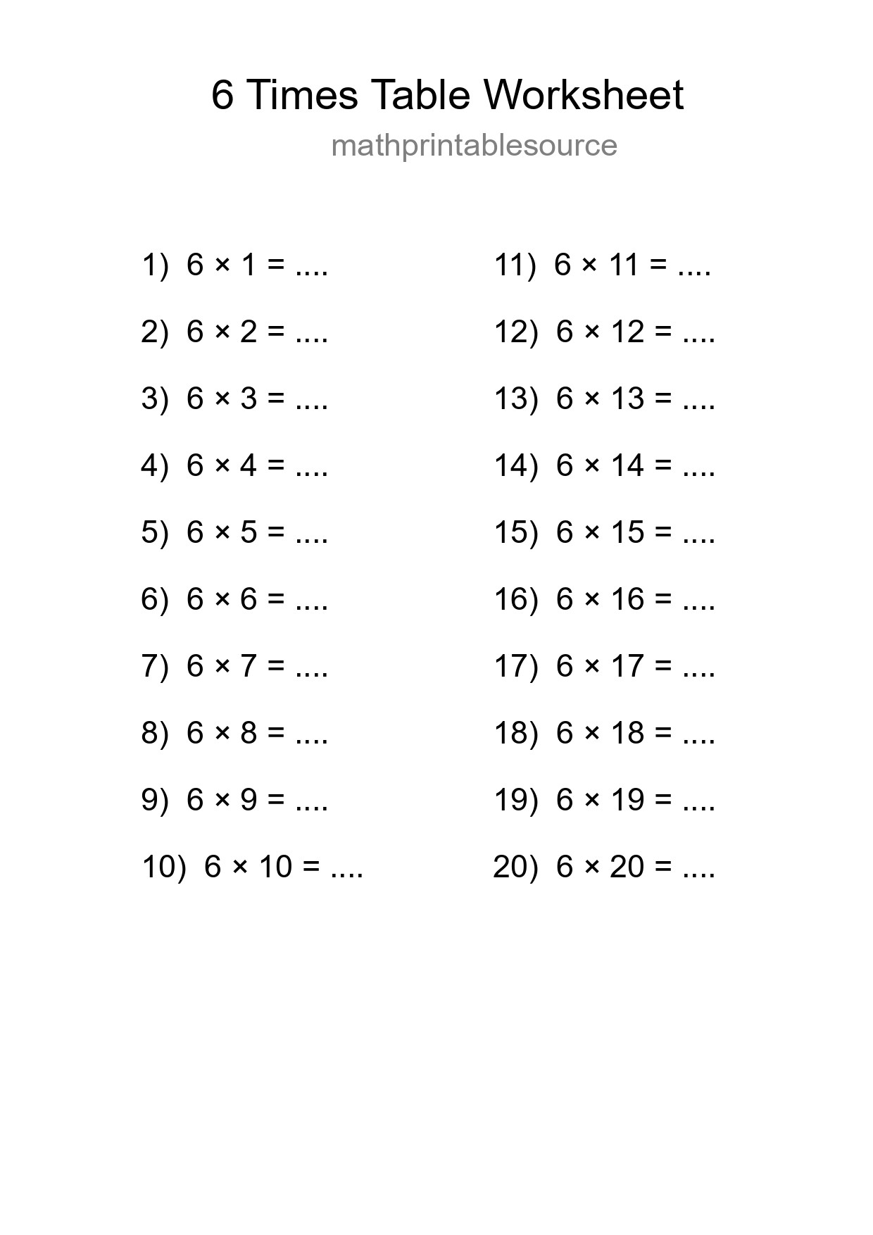 6 Times Table Worksheet For Grade 3 - Part 119