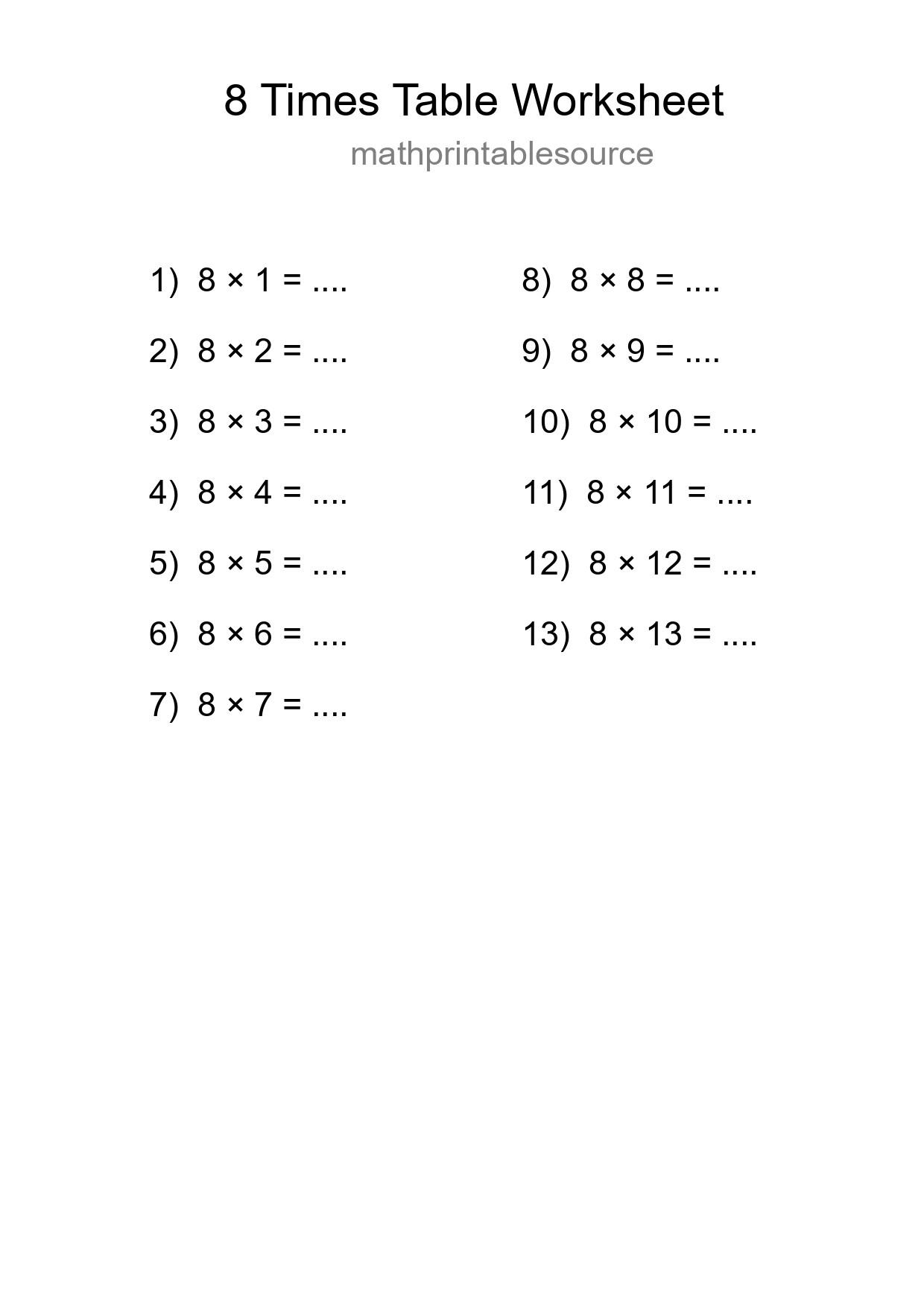 8 Times Table Worksheet For Grade 3 With Answers - Part 185