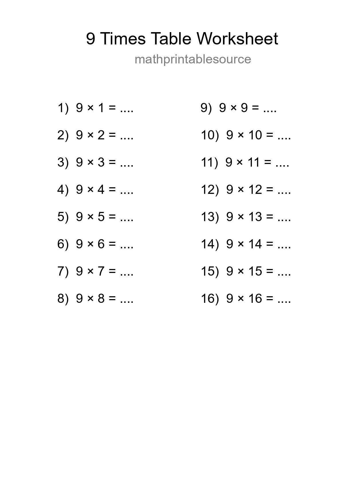 9 Times Table Worksheet For Grade 3 - Part 218