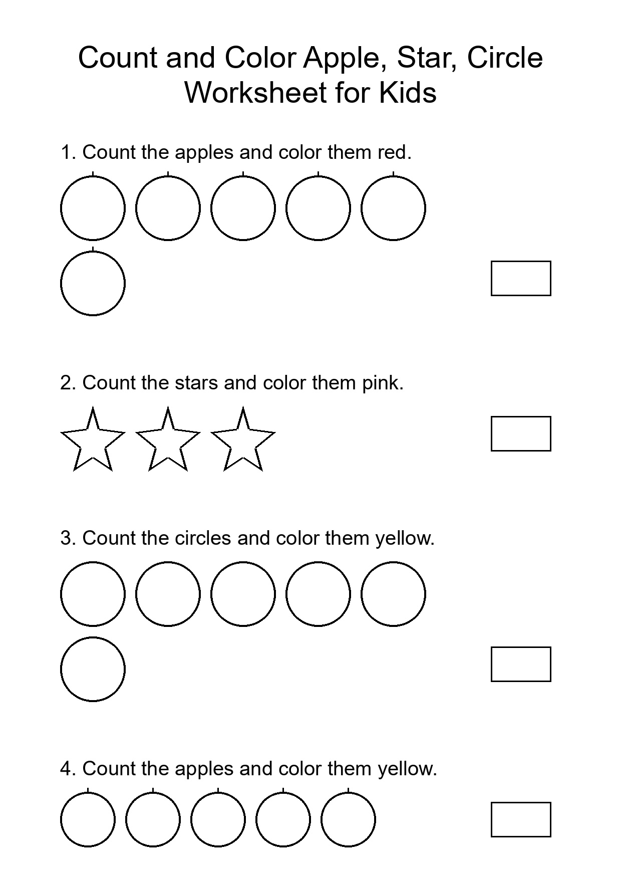 Count and Color Apple, Star, Circle Worksheet for Kids