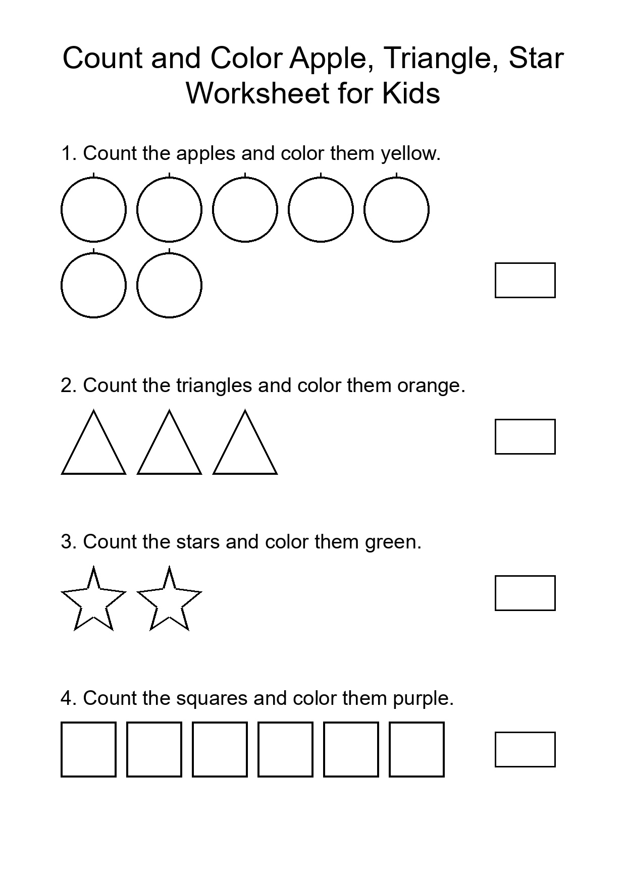 Count and Color Apple, Triangle, Star Worksheet for Kids