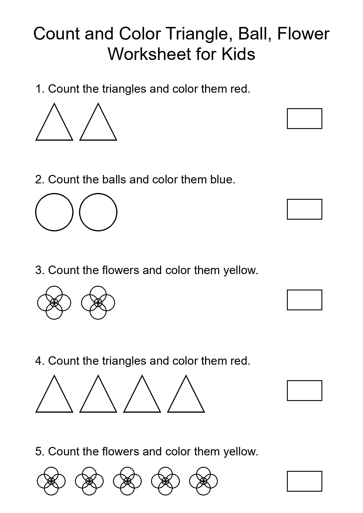 Count and Color Triangle, Ball, Flower Worksheet for Kids