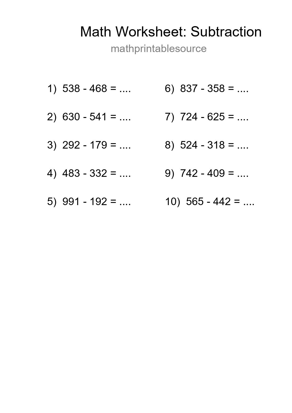 Free 10 Subtraction Math Worksheet For Grade 5 With Answers - Part 162