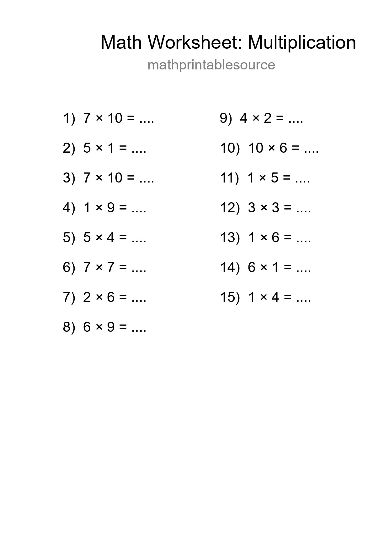 Free 15 Multiplication Math Worksheet For Grade 1 With Answers - Part 29