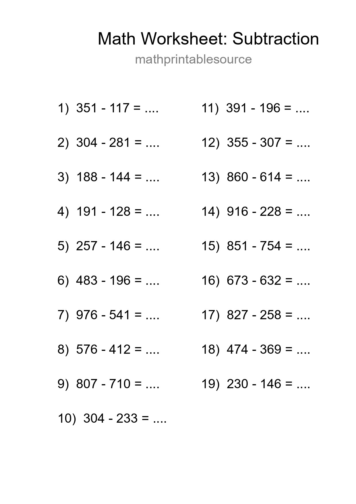 Free 19 Subtraction Math Worksheet For Grade 5 - Part 184