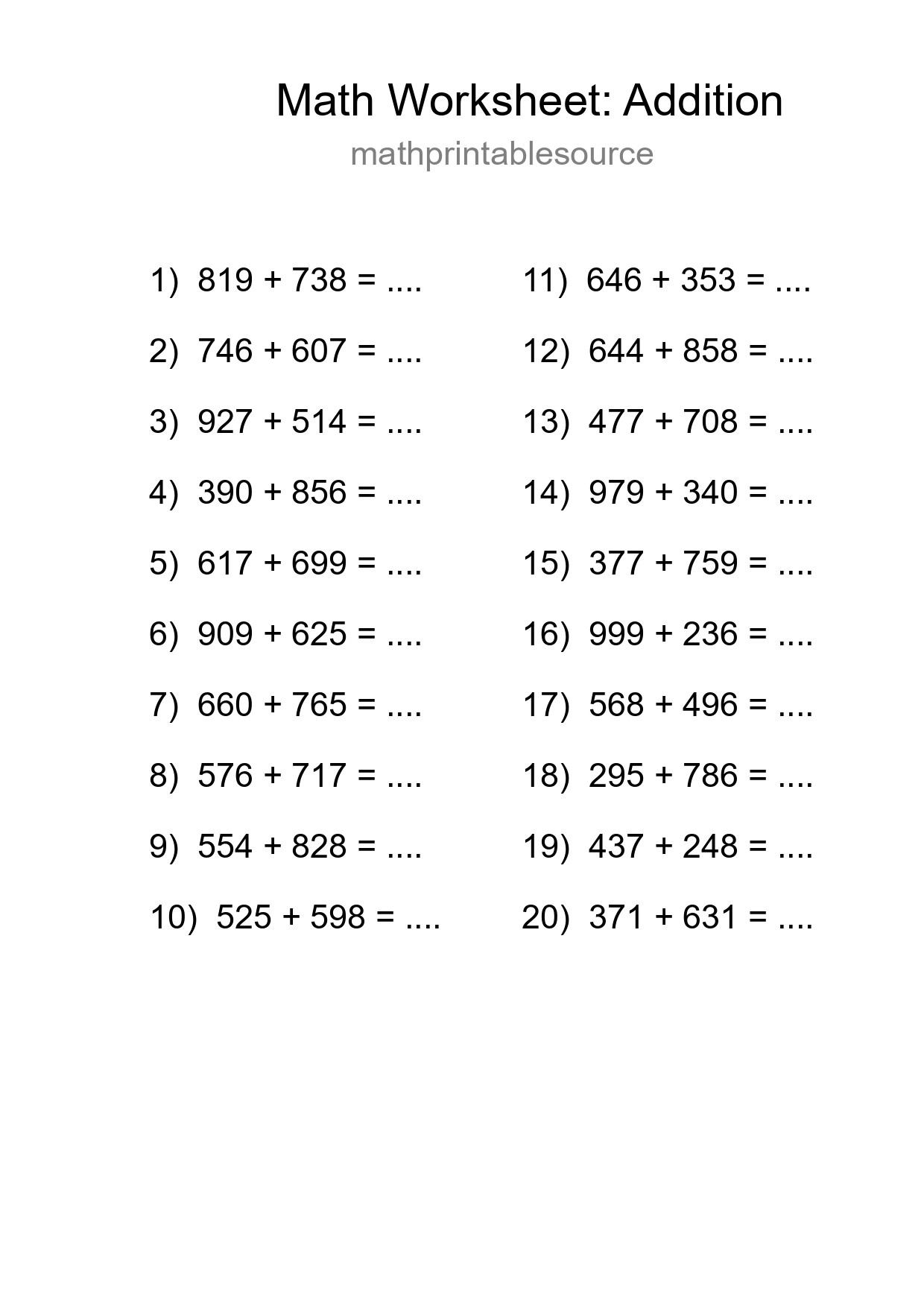 Free 20 Addition Math Worksheet For Grade 5 With Answers