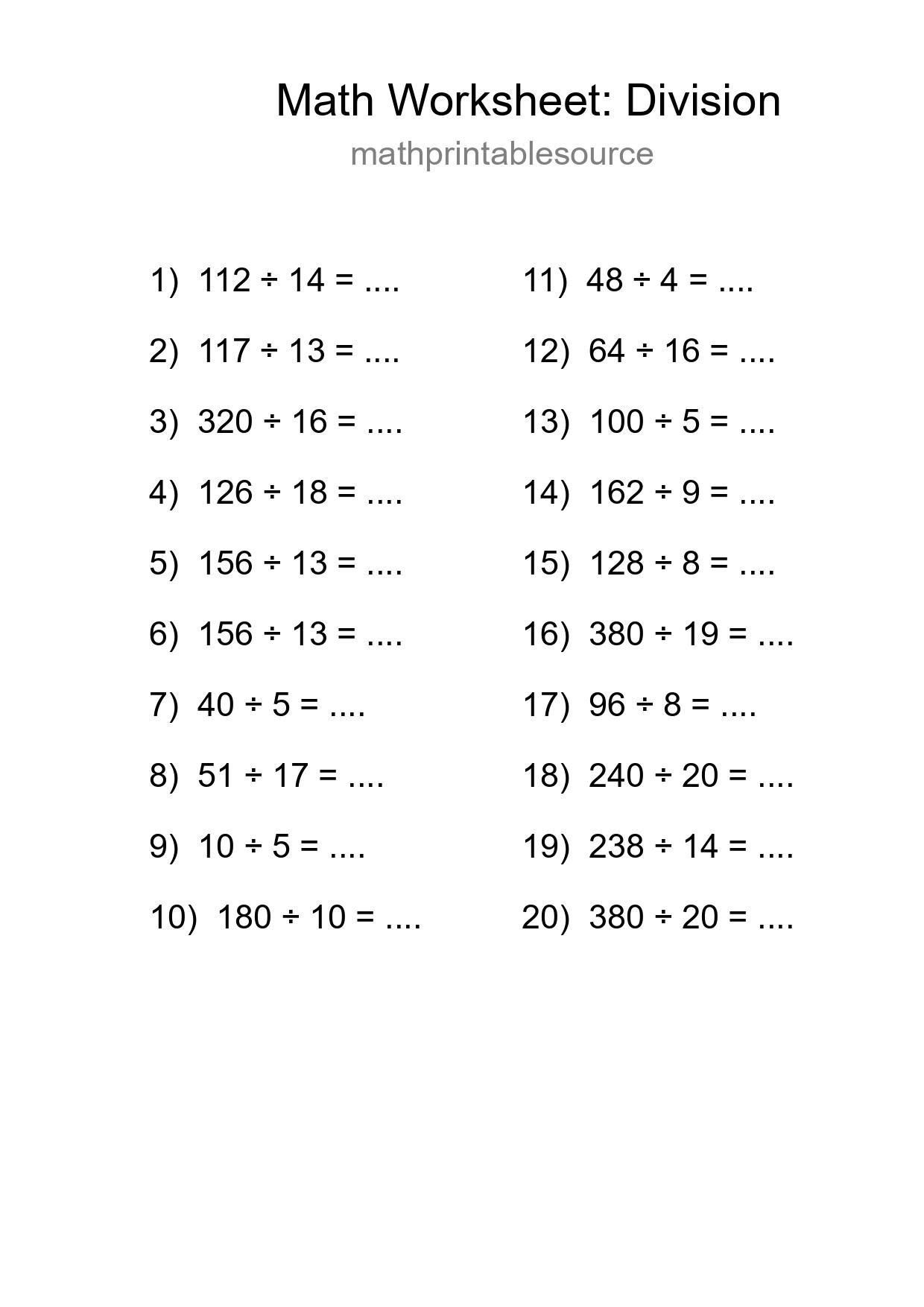 Free 20 Division Math Worksheet For Grade 2 With Answers - Part 268
