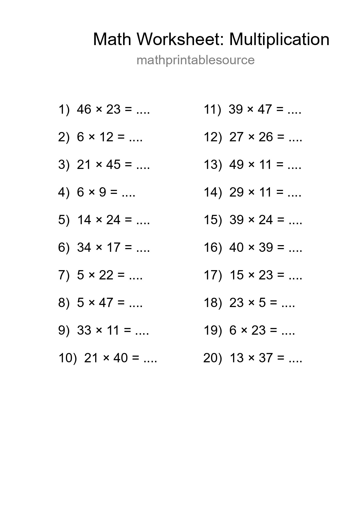 Free 20 Multiplication Math Worksheet For Grade 2 - Part 205