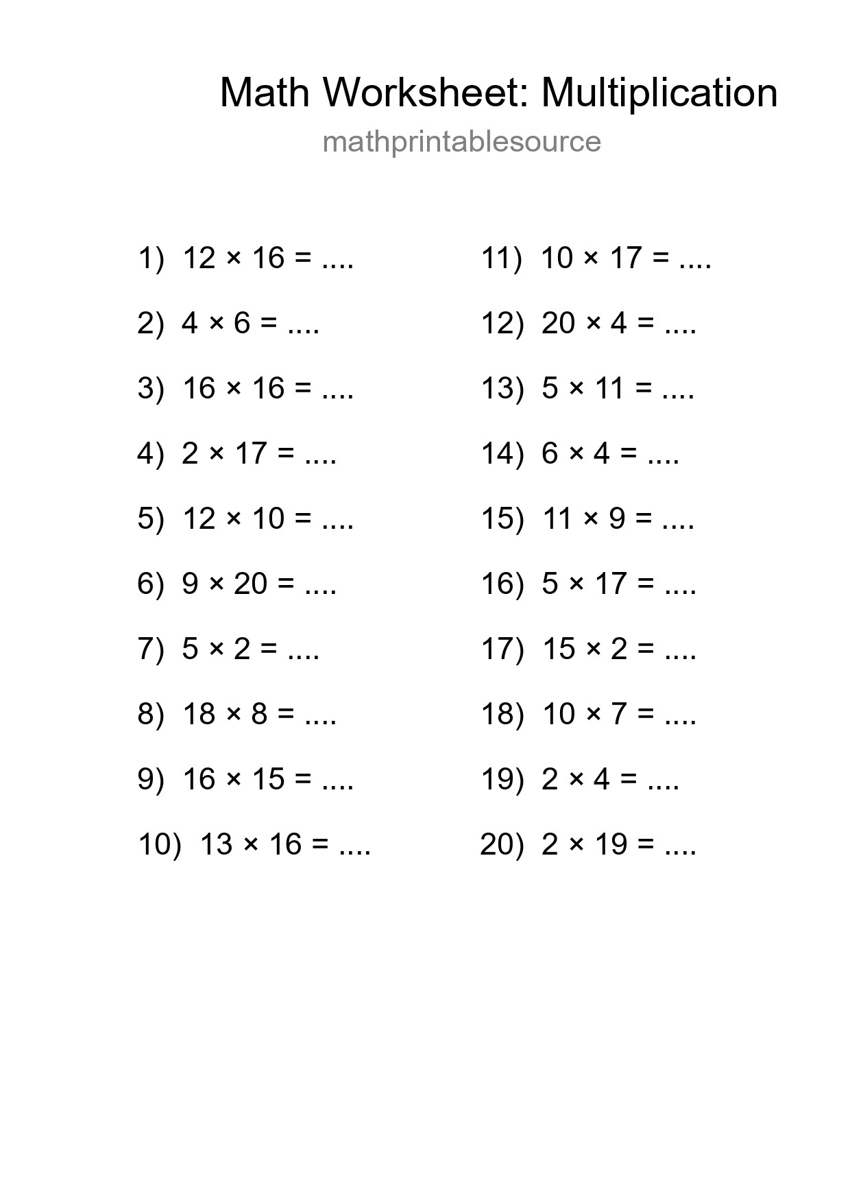 Free 20 Multiplication Math Worksheet For Grade 2 With Answers - Part 150