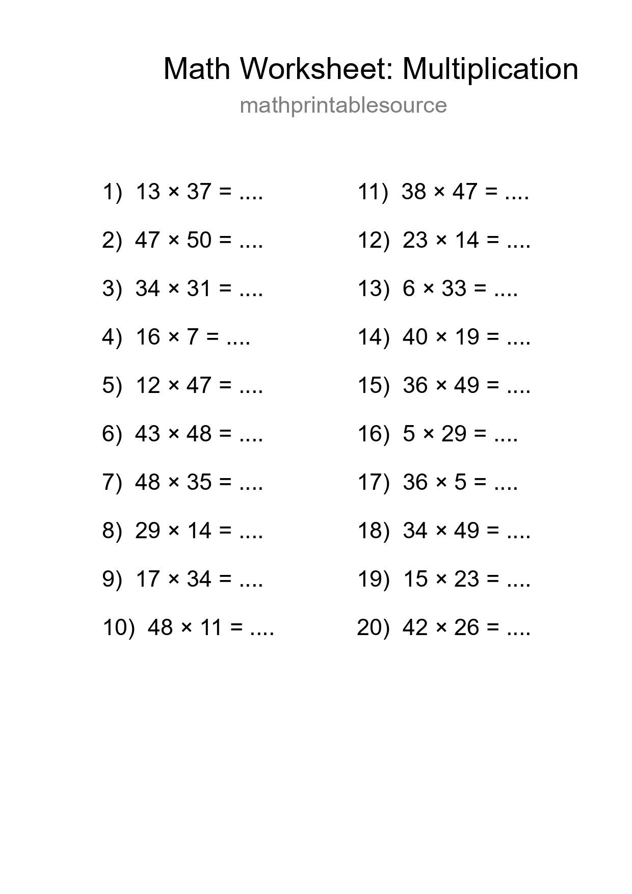 Free 20 Multiplication Math Worksheet For Grade 2 With Answers - Part 271