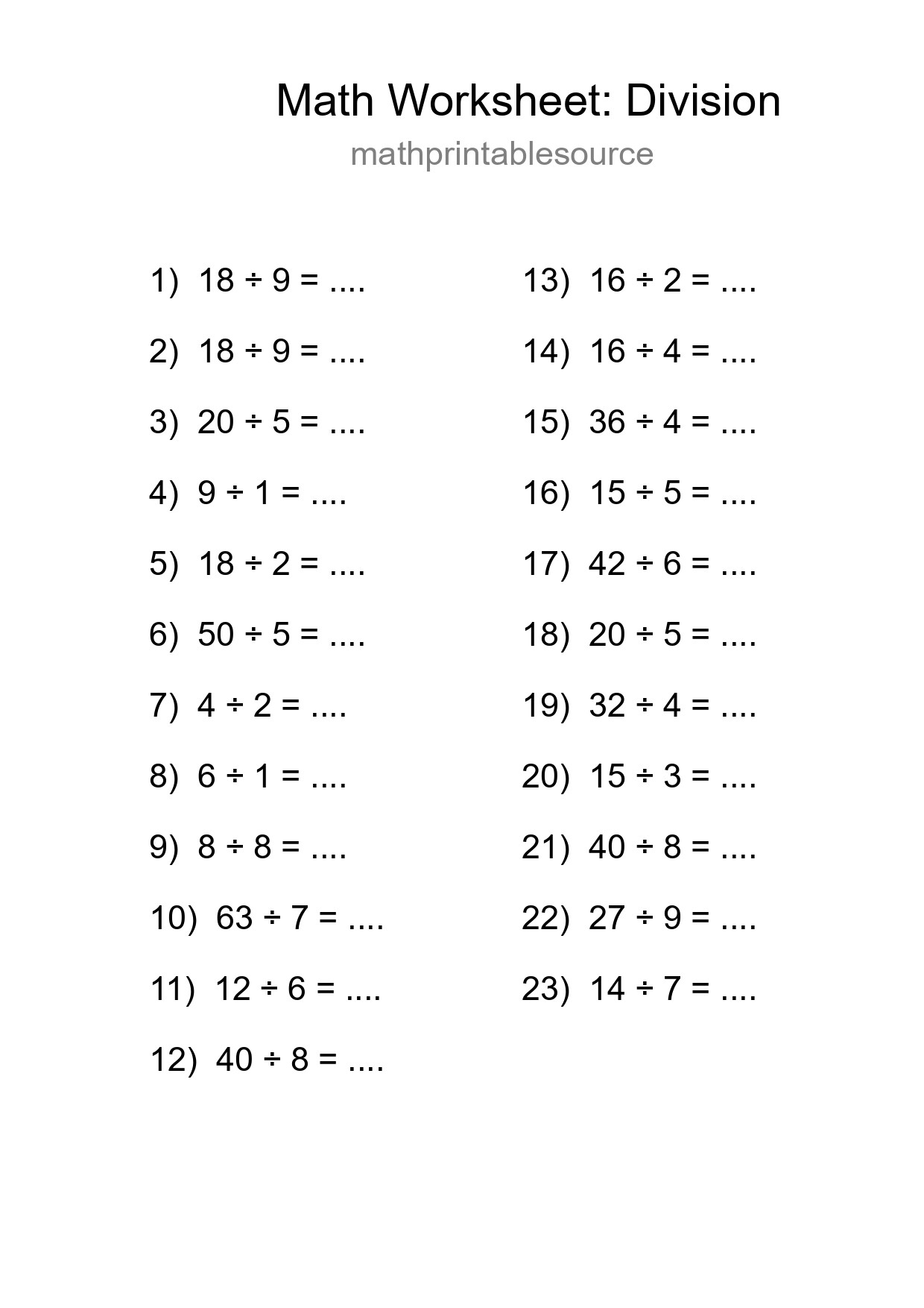 Free 23 Division Math Worksheet For Grade 1 With Answers - Part 26