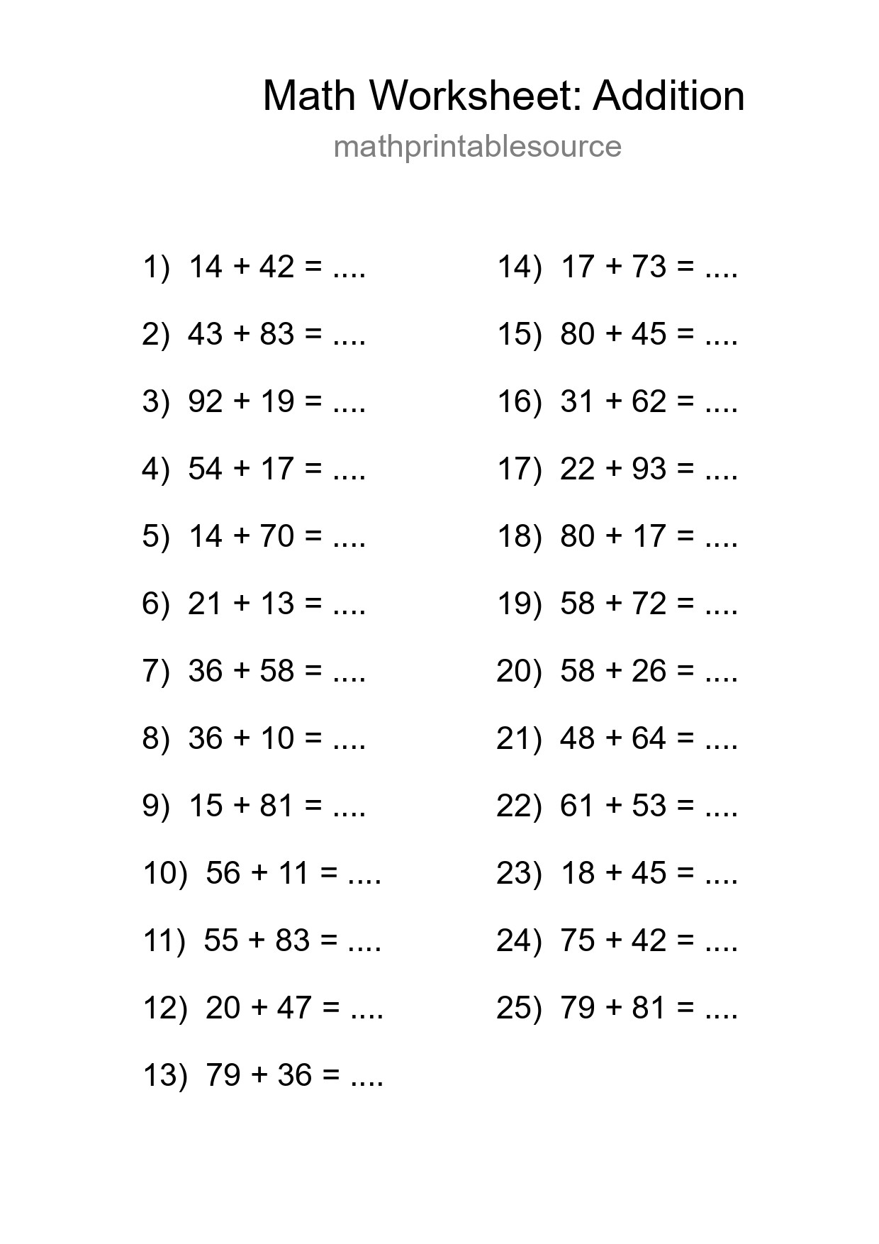 Free 25 Addition Math Worksheet For Grade 3 - Part 100