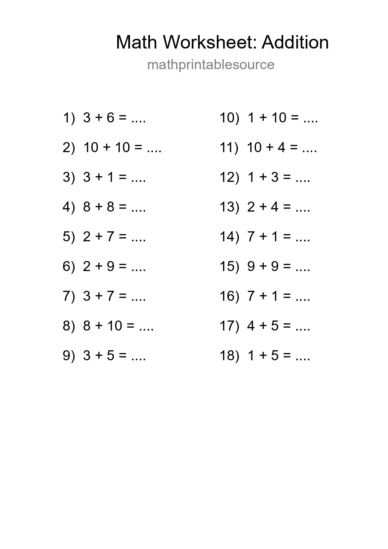 Grade 1 Addition Practice Worksheet (18 Problems) - Part 276