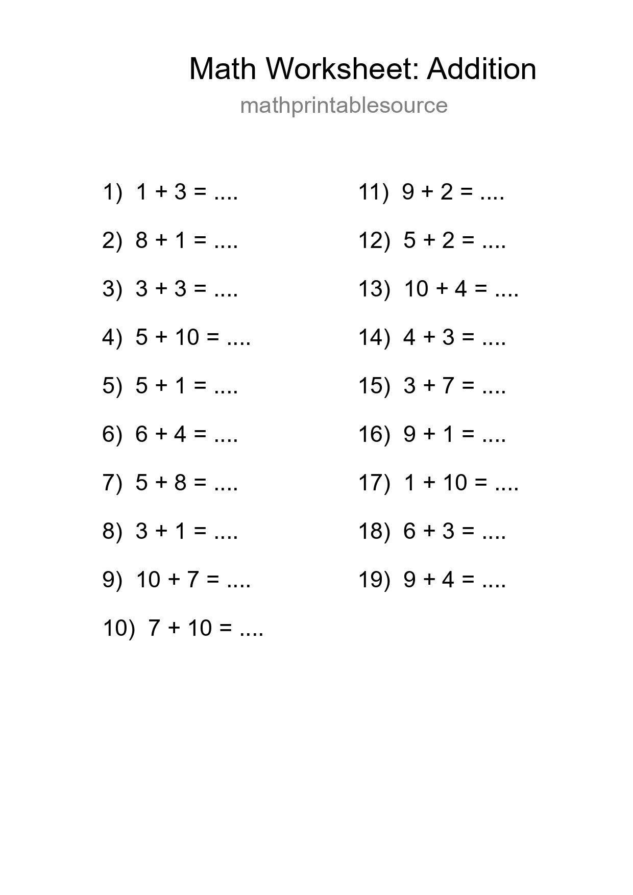 Grade 1 Addition Practice Worksheet (19 Problems) - Part 265