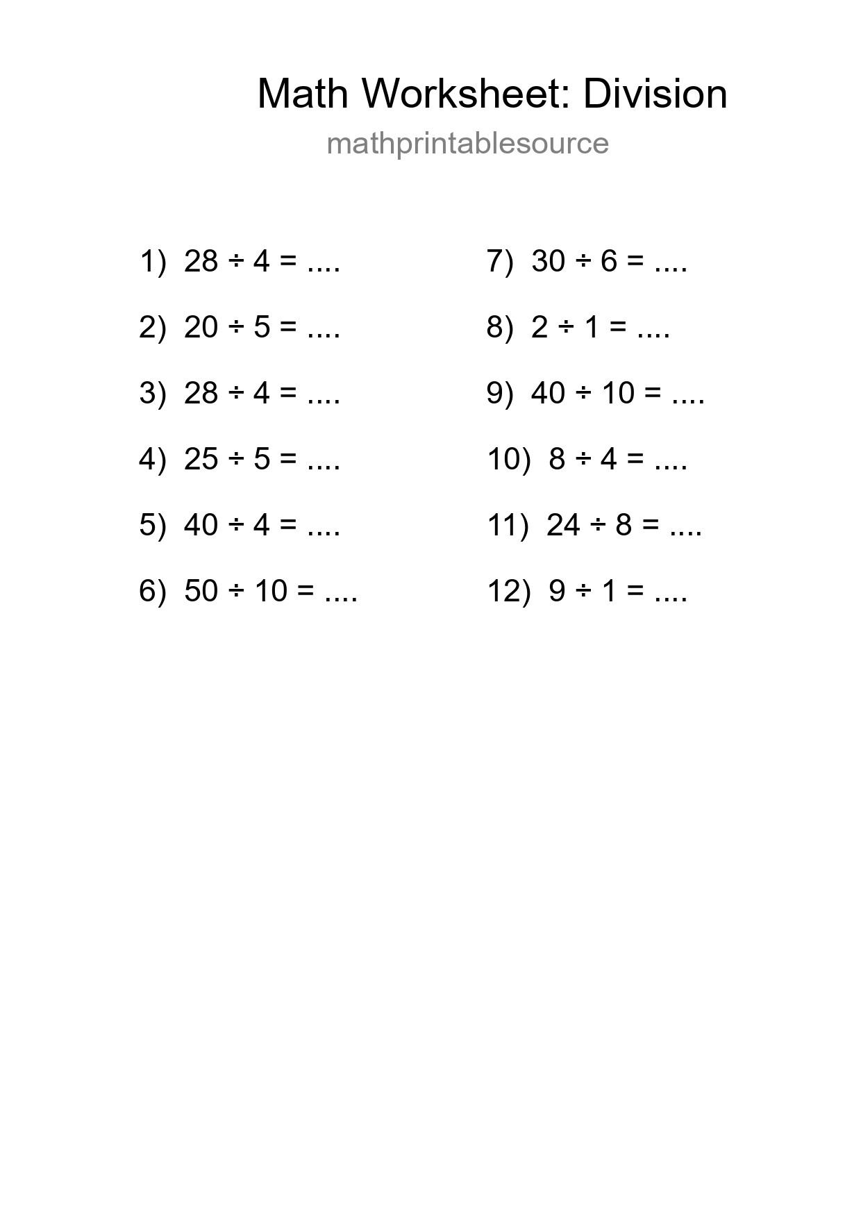 Grade 1 Division Practice Worksheet (12 Problems) - Part 213