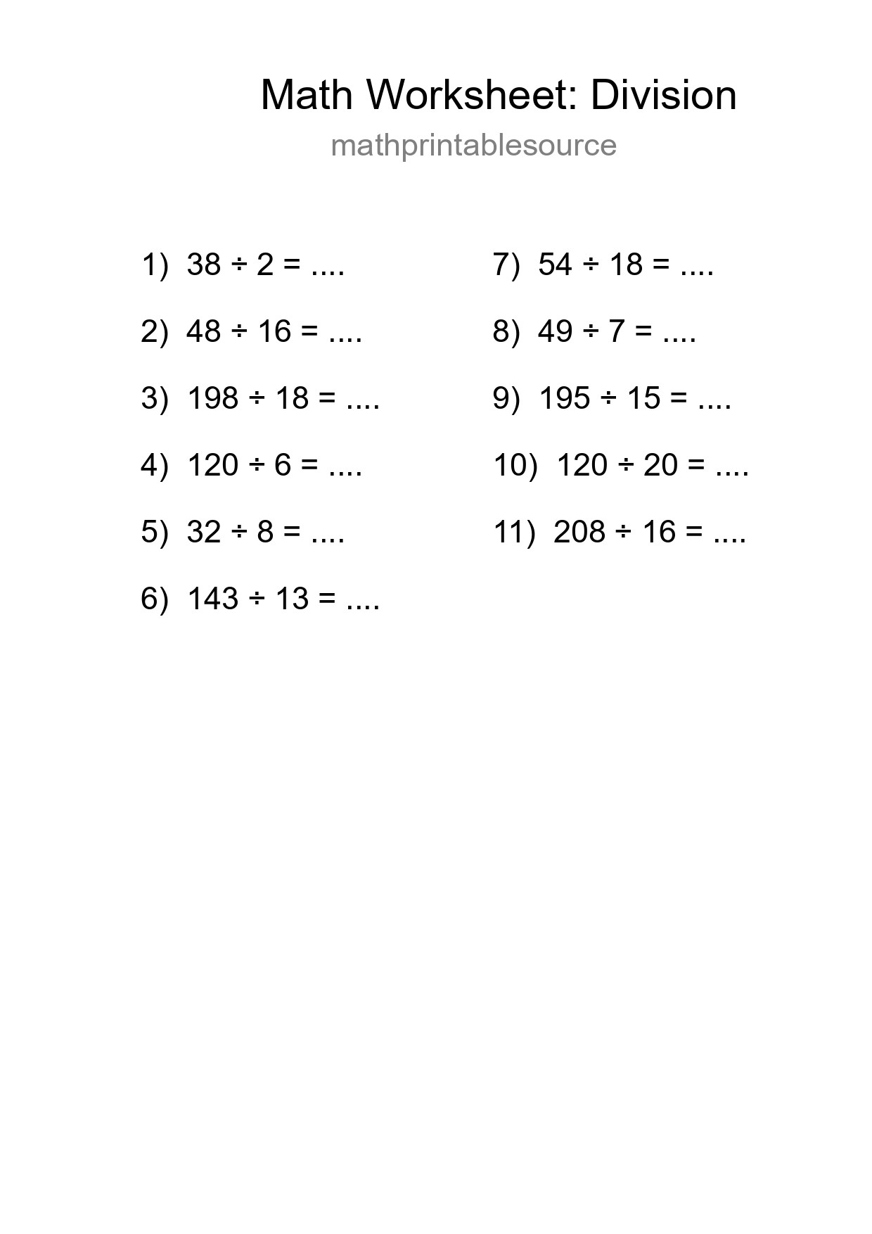 Grade 2 Division Practice Worksheet (11 Problems) - Part 92