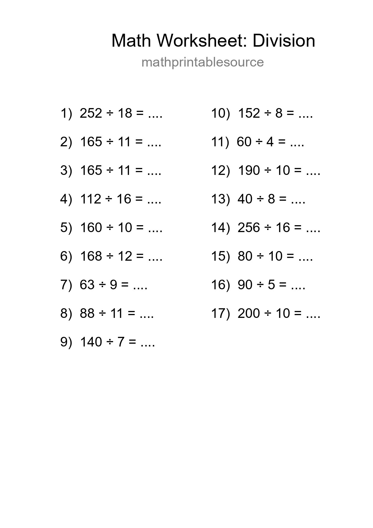 Grade 2 Division Practice Worksheet (17 Problems) - Part 224