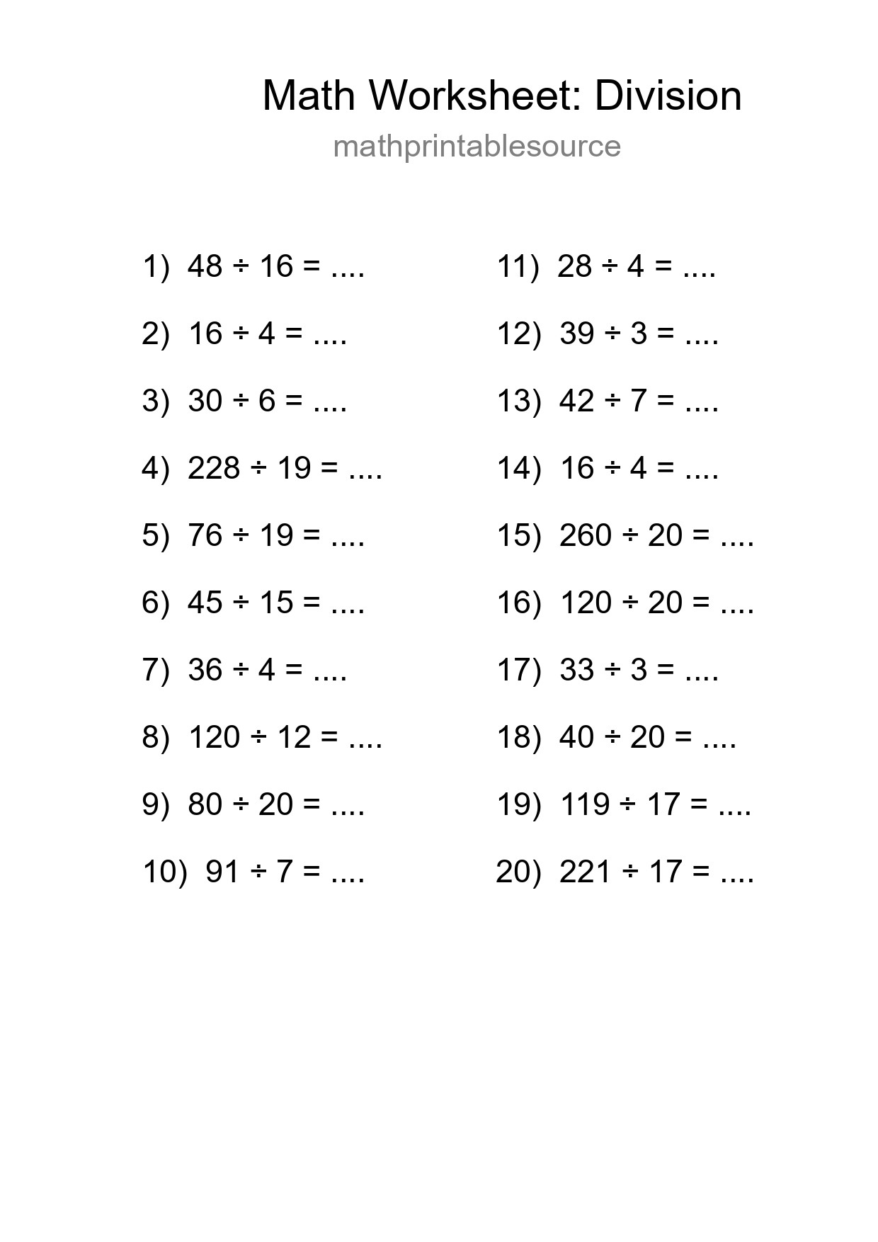 Grade 2 Division Practice Worksheet (20 Problems) - Part 48