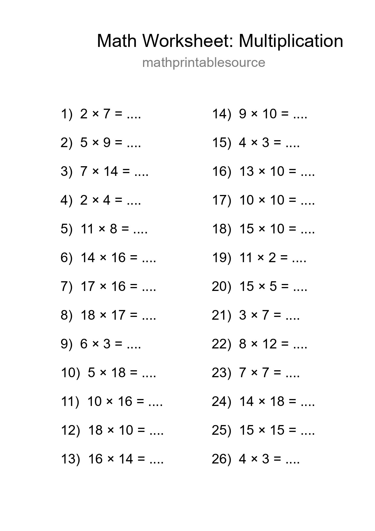 Grade 2 Multiplication Practice Worksheet (26 Problems) - Part 51