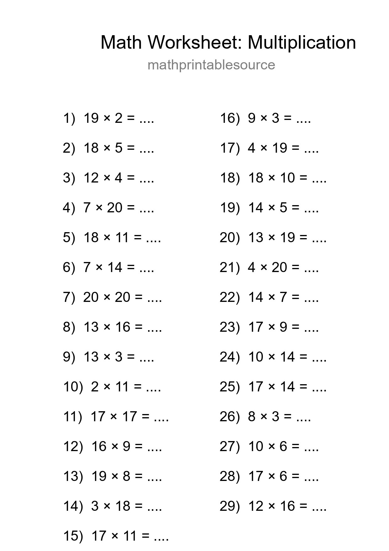 Grade 2 Multiplication Practice Worksheet (29 Problems) - Part 128