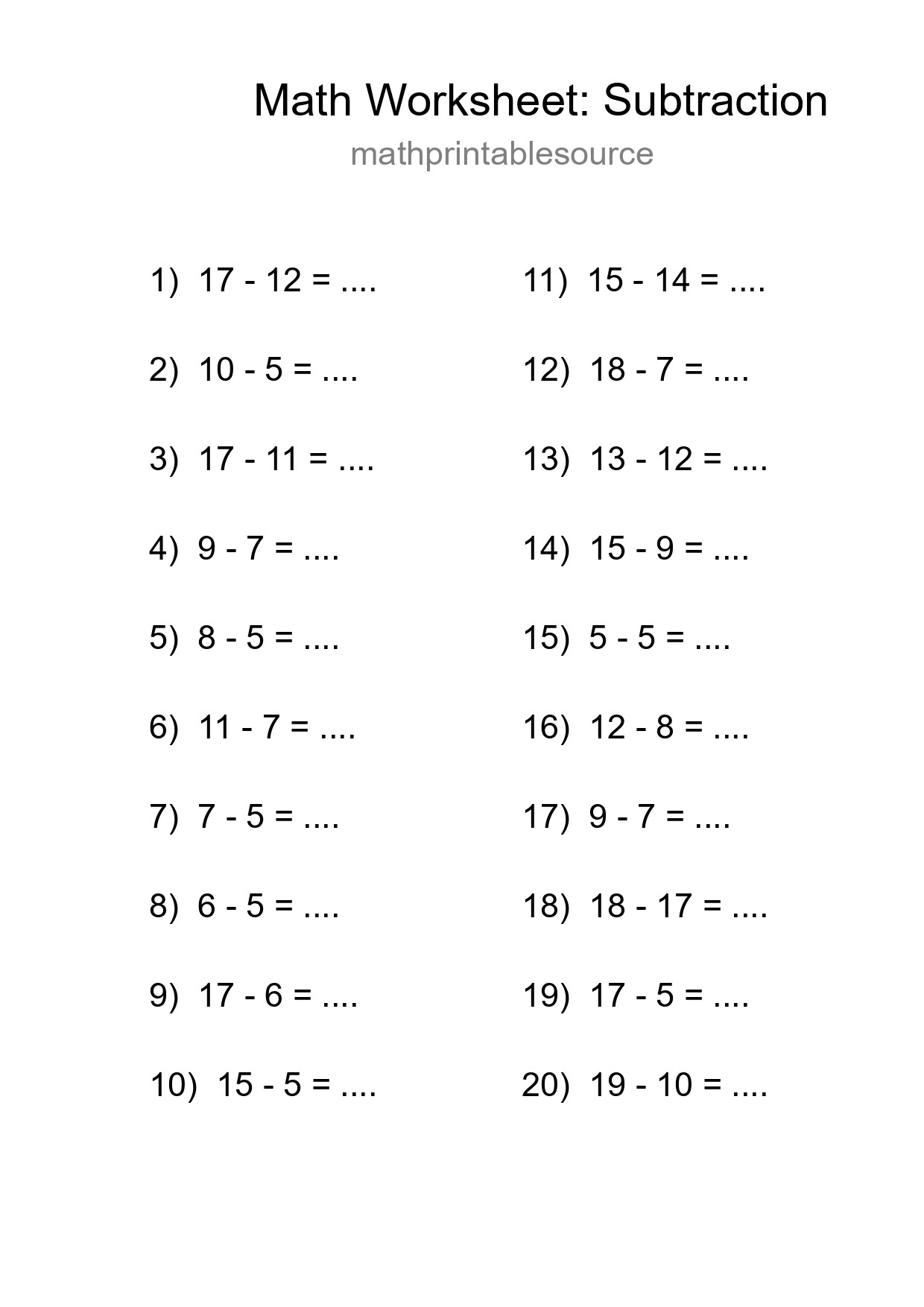 Grade 2 Subtraction Practice Worksheet (20 Problems) - Part 228