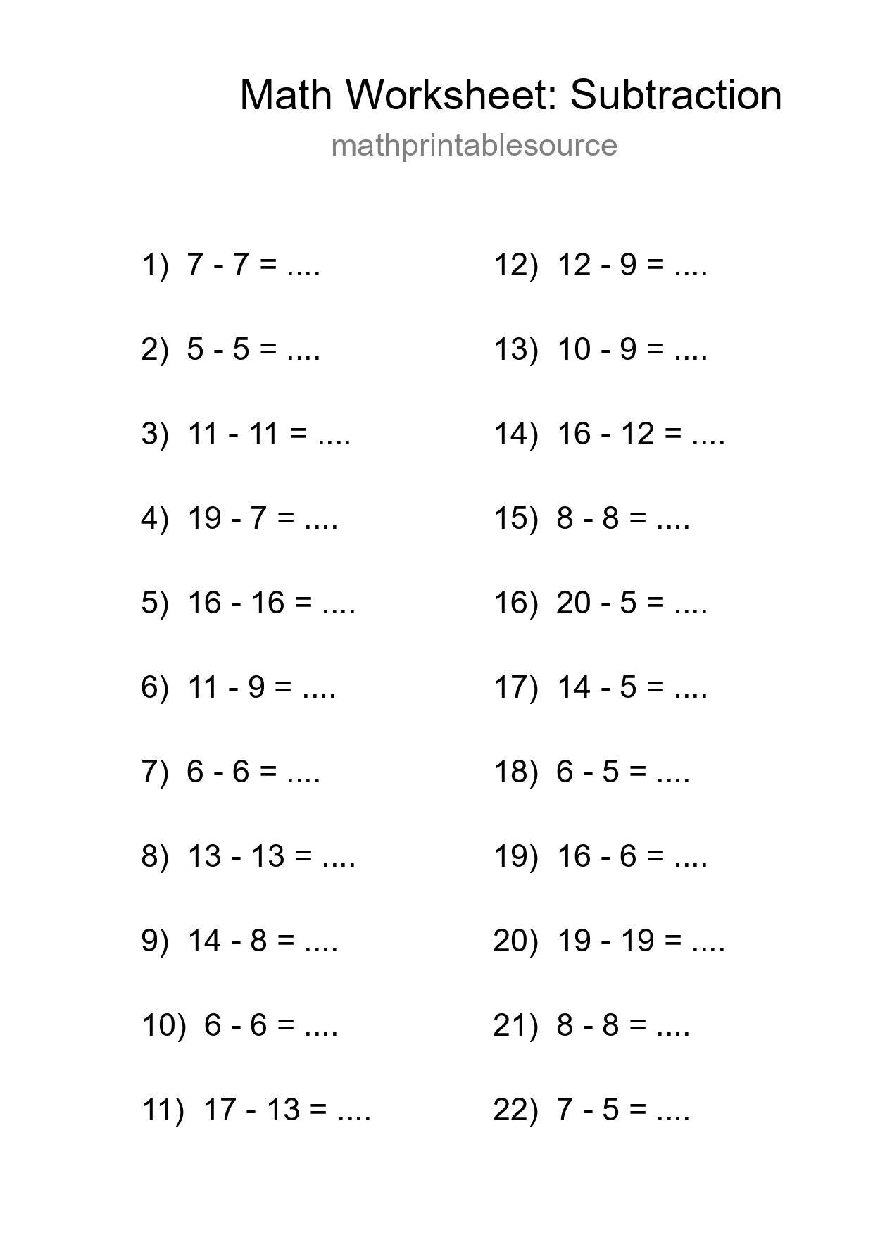 Grade 2 Subtraction Practice Worksheet (22 Problems) - Part 261