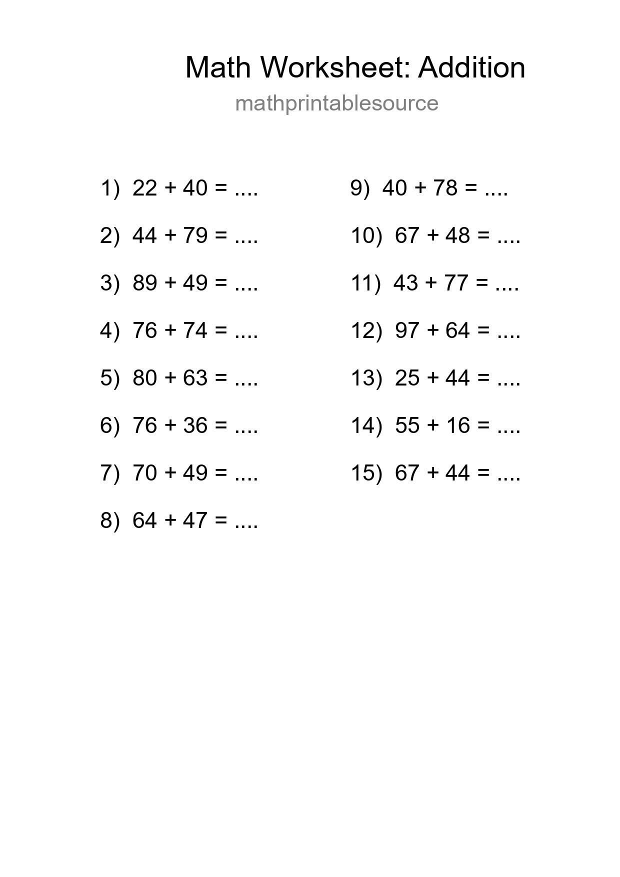 Grade 3 Addition Practice Worksheet (15 Problems) - Part 298
