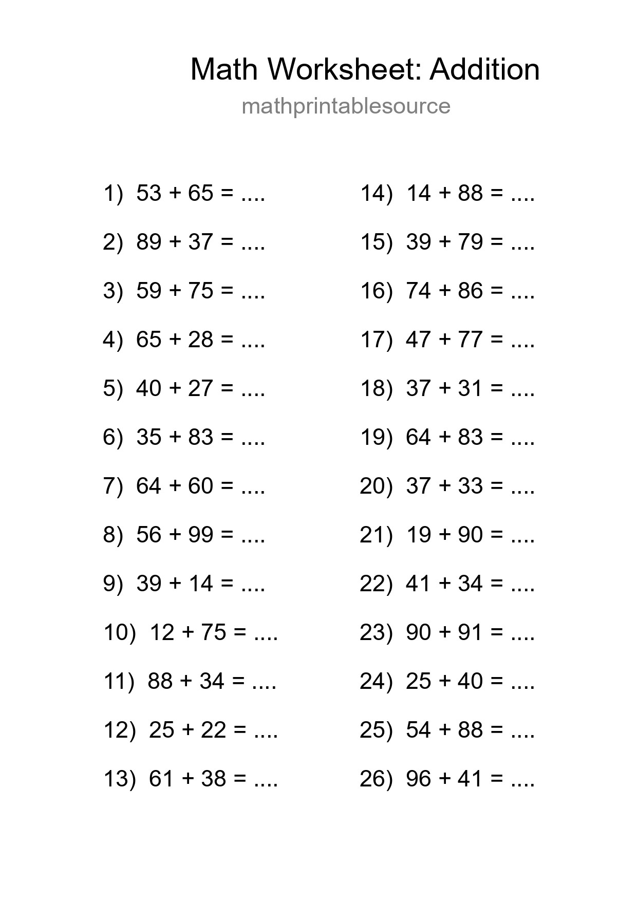 Grade 3 Addition Practice Worksheet (26 Problems) - Part 254