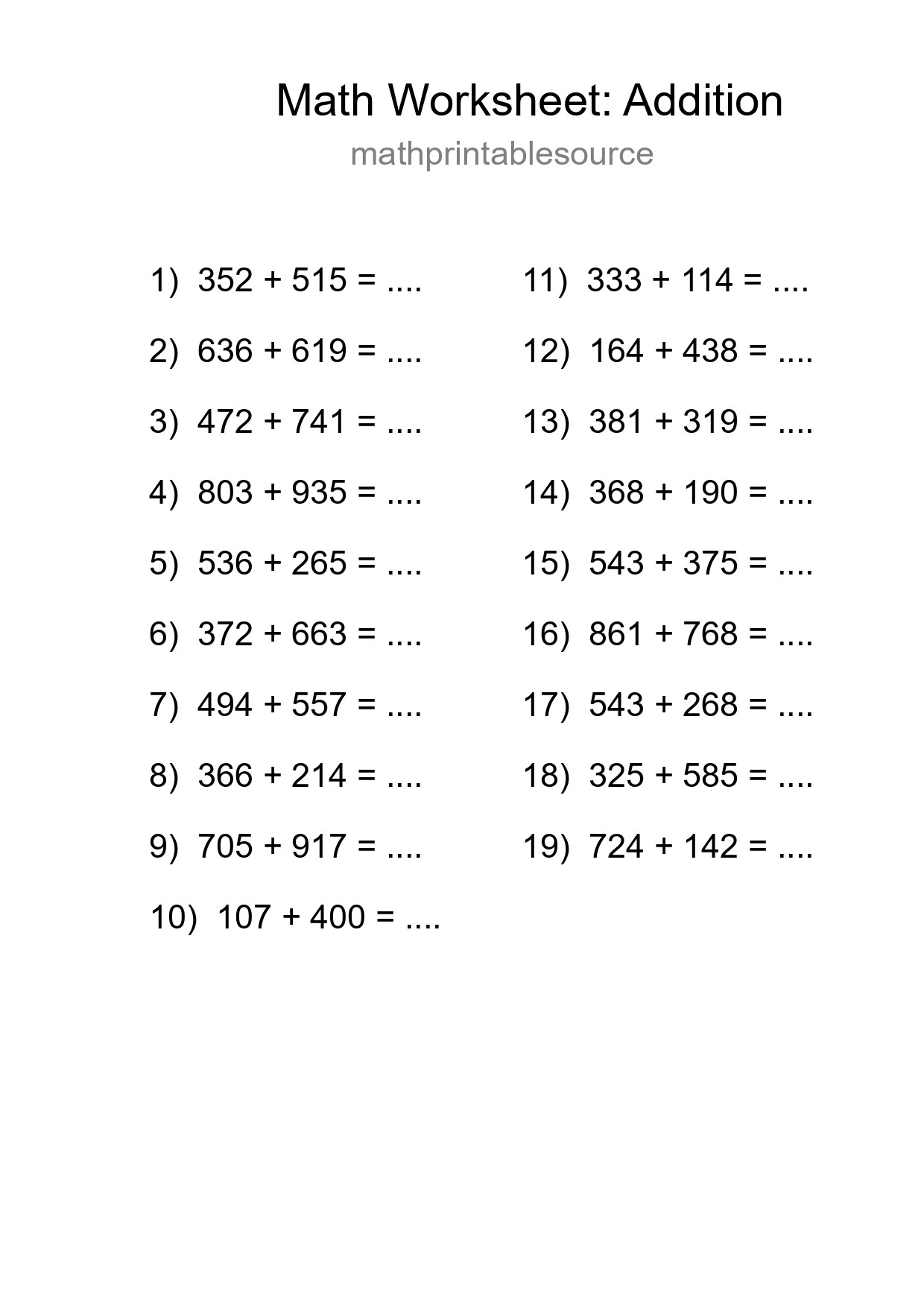 Grade 5 Addition Practice Worksheet (19 Problems) - Part 221