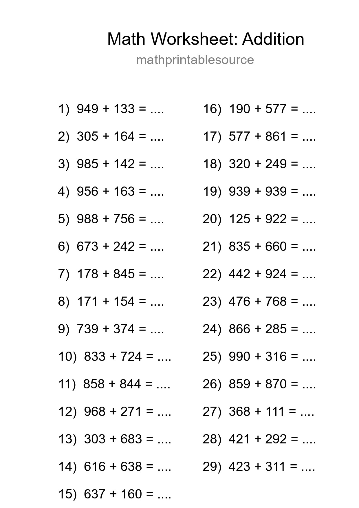 Grade 5 Addition Practice Worksheet (29 Problems) - Part 67