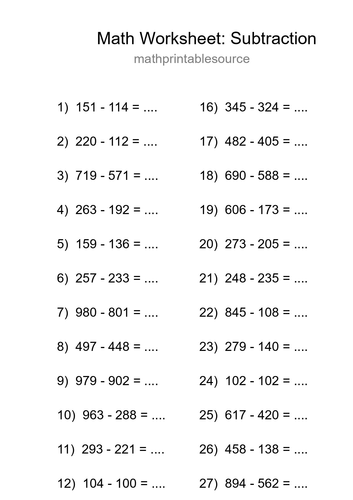 Grade 5 Subtraction Practice Worksheet (29 Problems) - Part 107