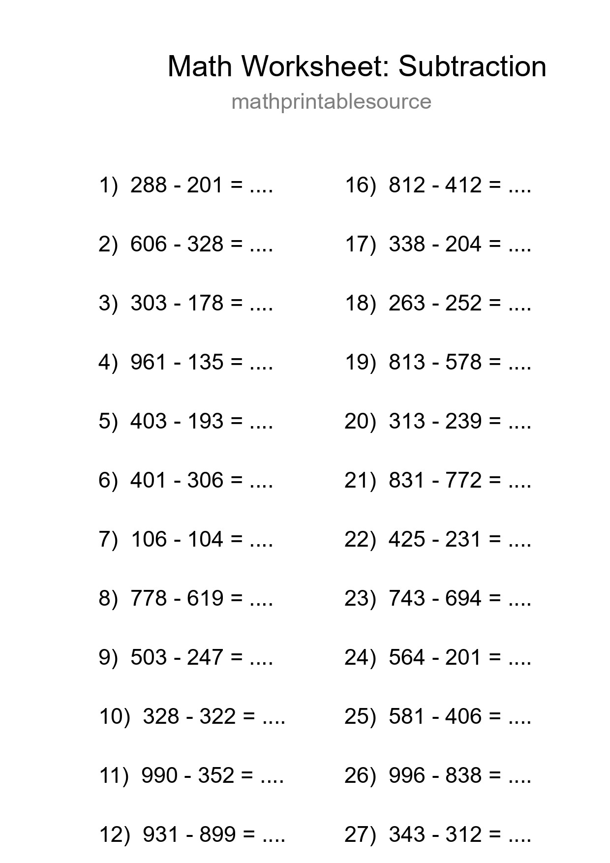 Grade 5 Subtraction Practice Worksheet (29 Problems) - Part 195