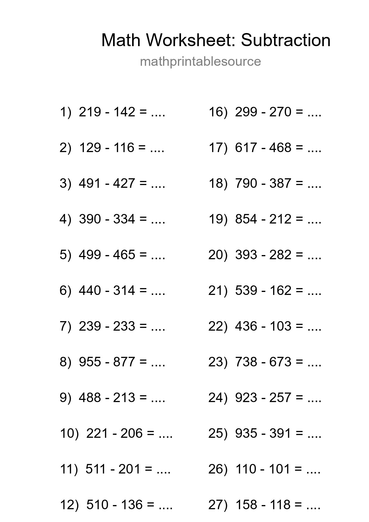 Grade 5 Subtraction Practice Worksheet (29 Problems) - Part 294