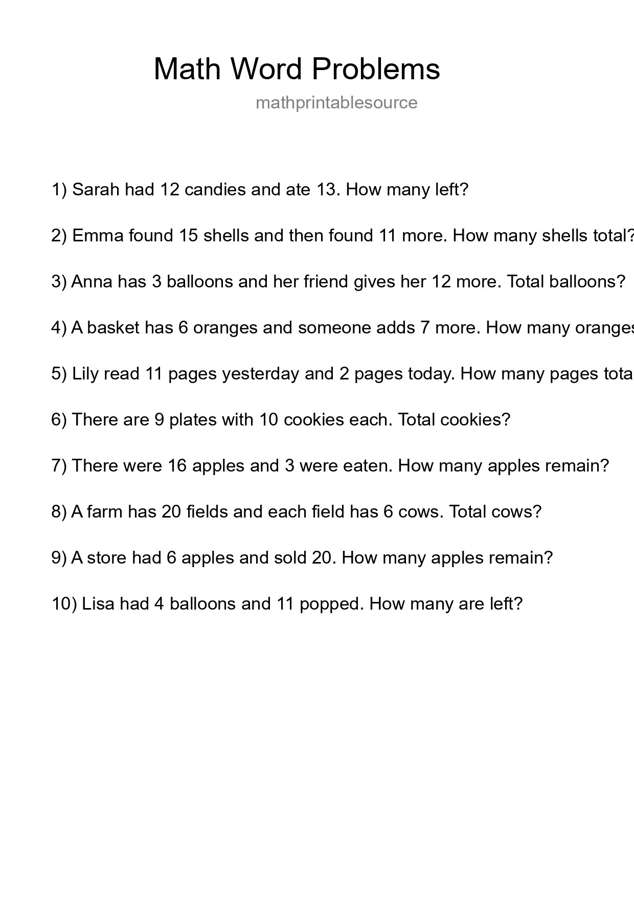 Math Word Problem Worksheet