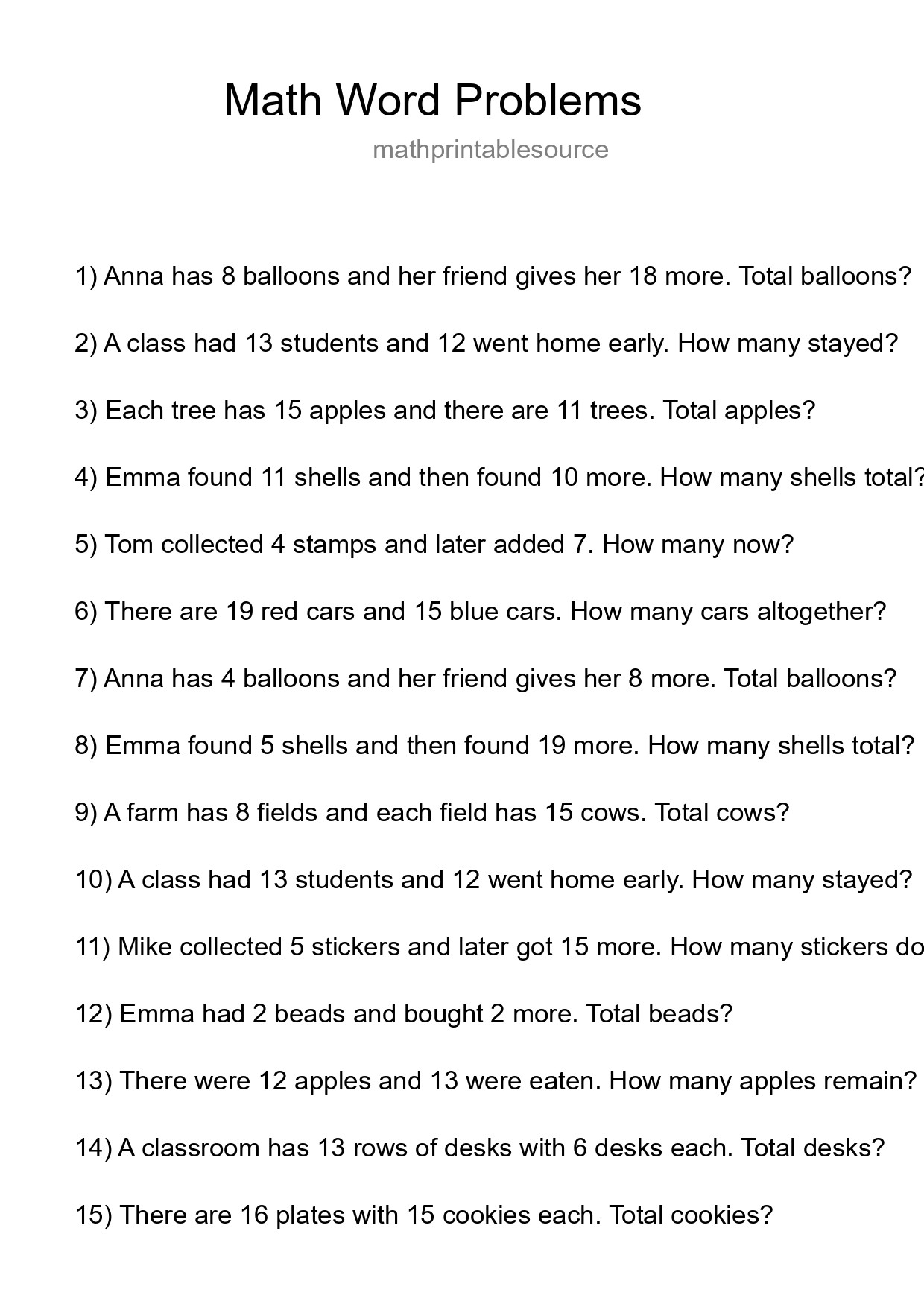 Math Word Problem Worksheet