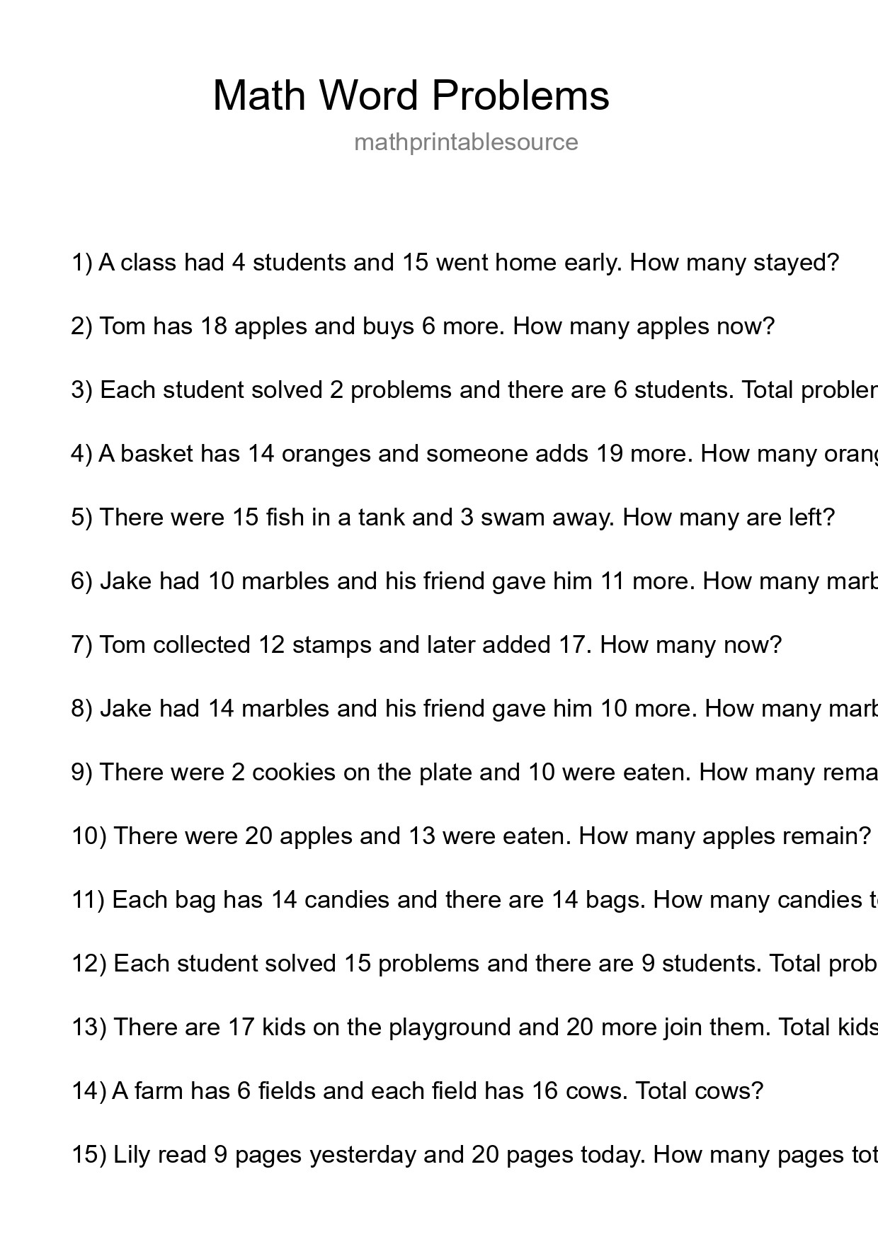 Math Word Problem Worksheet