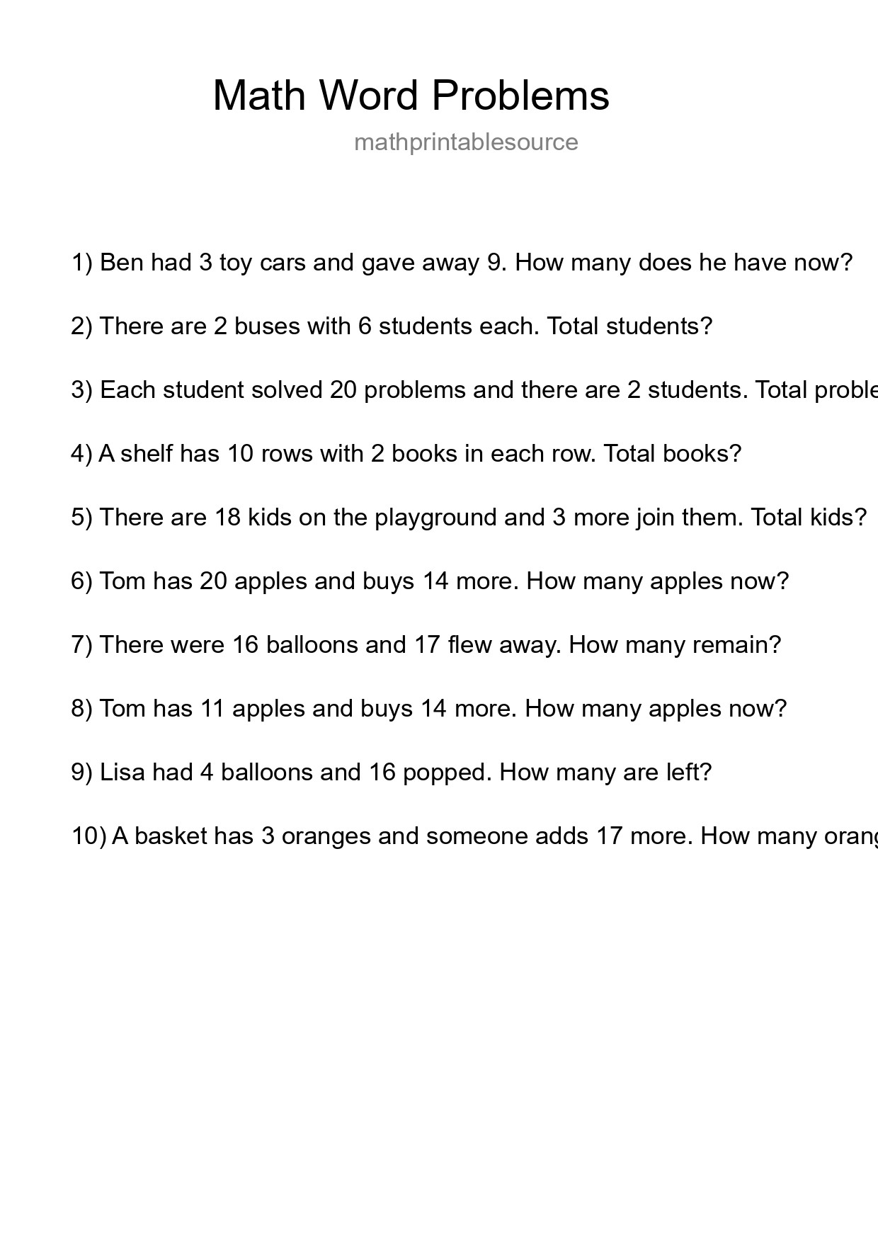 Math Word Problem Worksheet