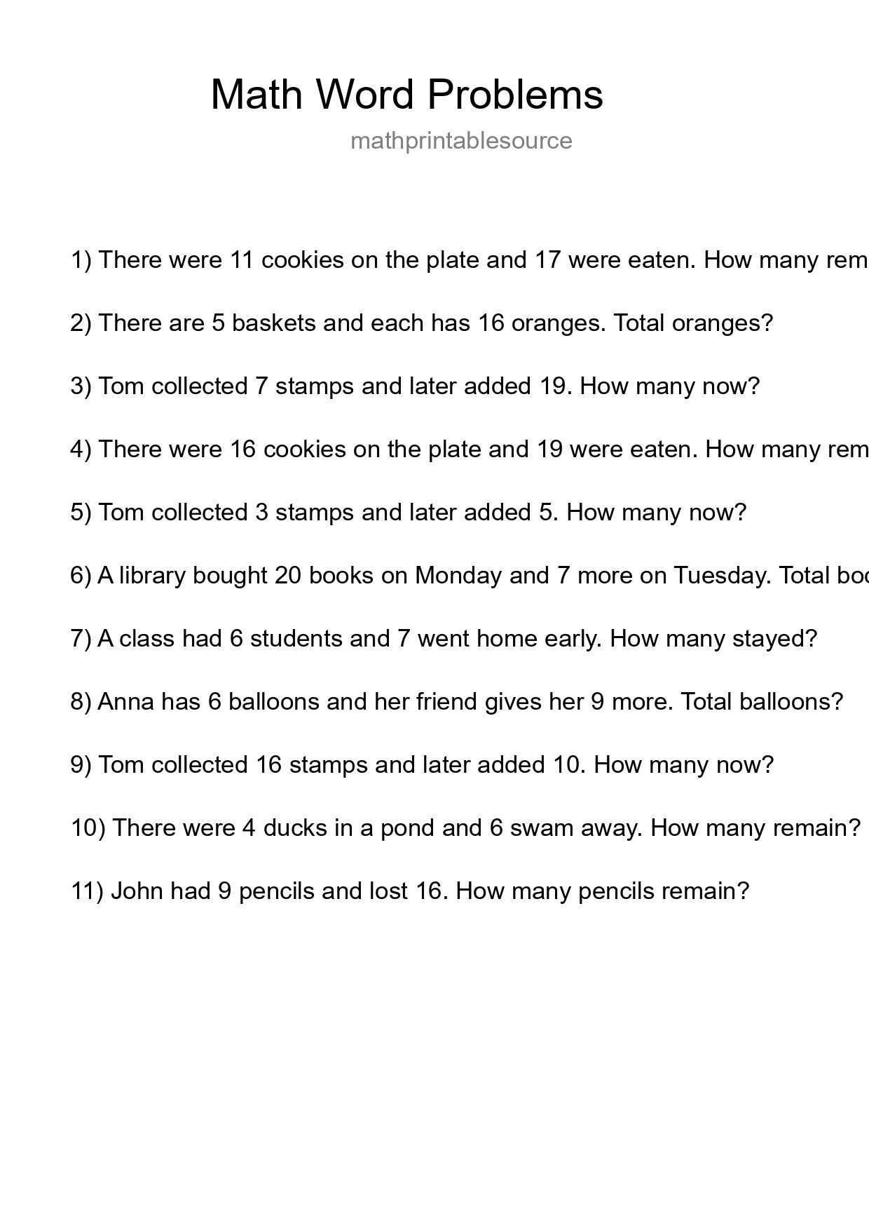 Math Word Problem Worksheet