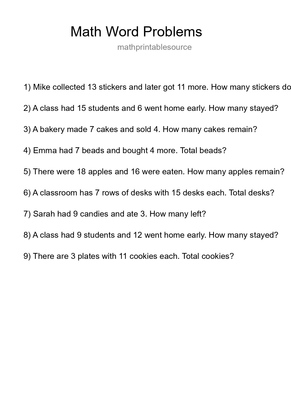 Math Word Problem Worksheet