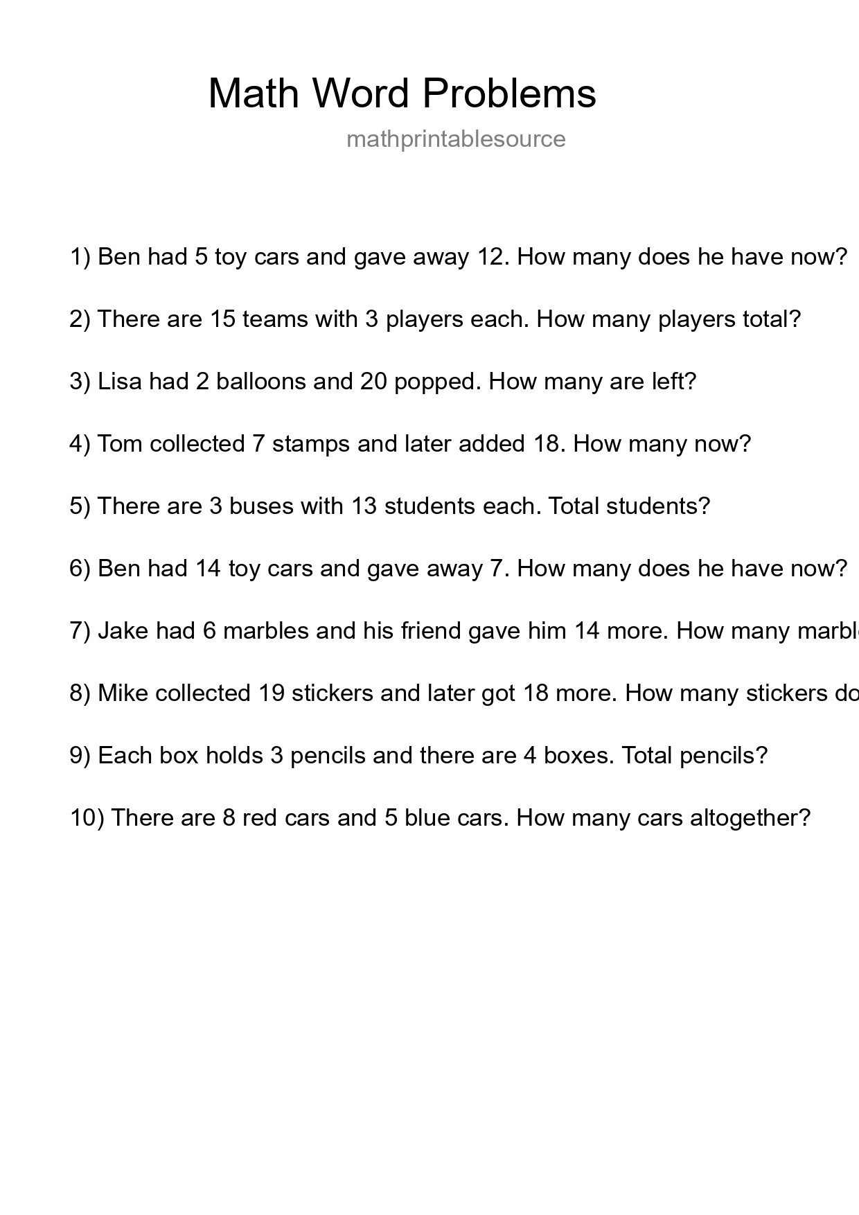 Math Word Problem Worksheet