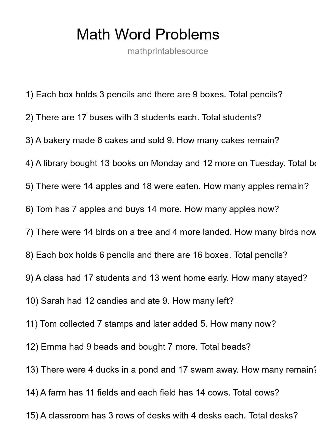 Math Word Problem Worksheet