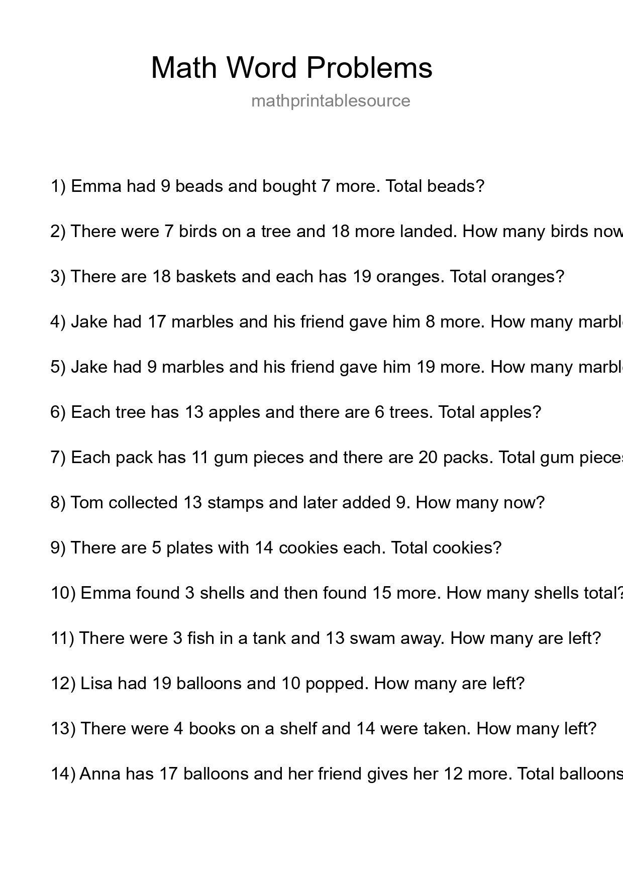 Math Word Problem Worksheet