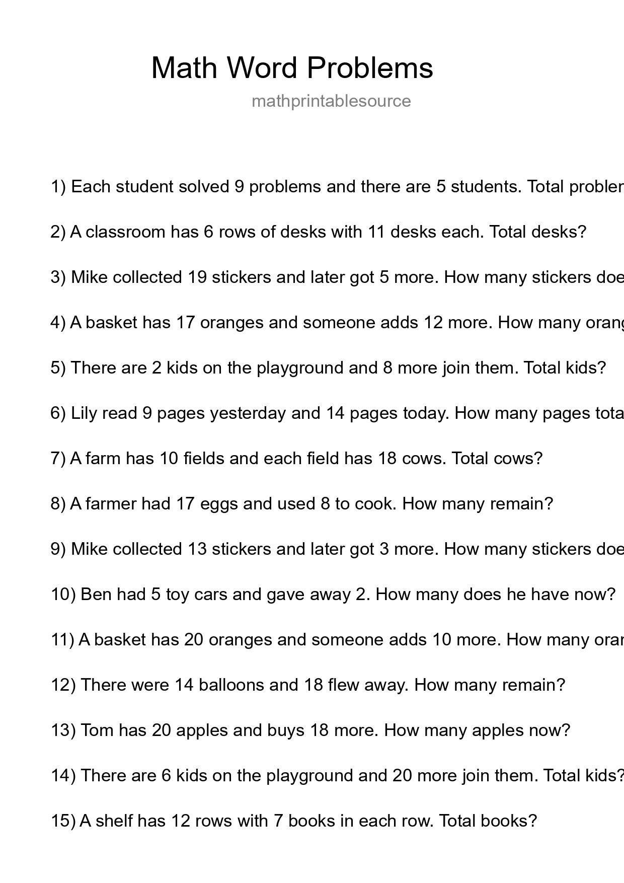 Math Word Problem Worksheet