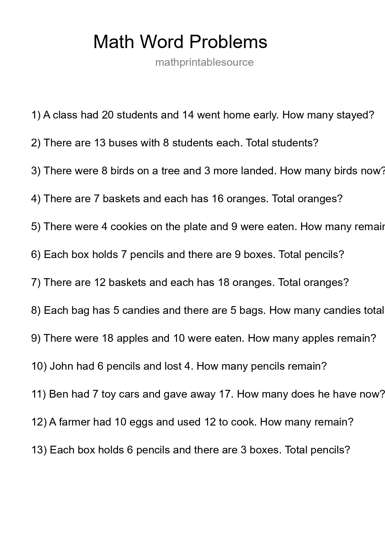 Math Word Problem Worksheet