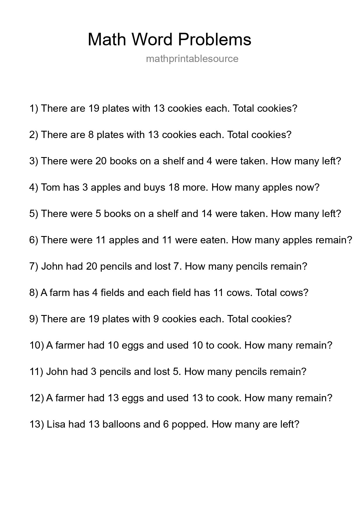 Math Word Problem Worksheet